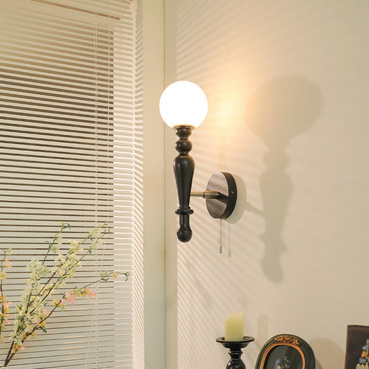 French Wood Rod Glass Ball Shade 1-Light Wall Sconce Lamp