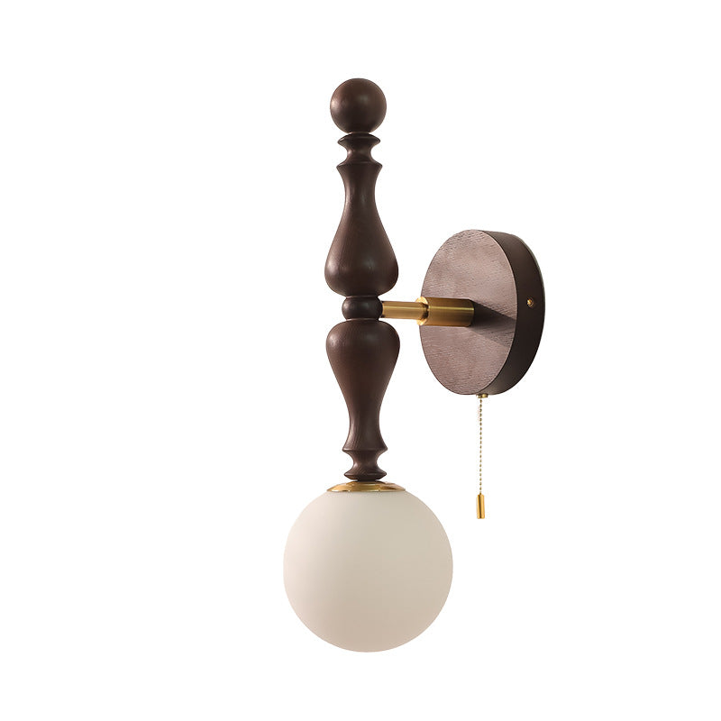 French Wood Rod Glass Ball Shade 1-Light Wall Sconce Lamp