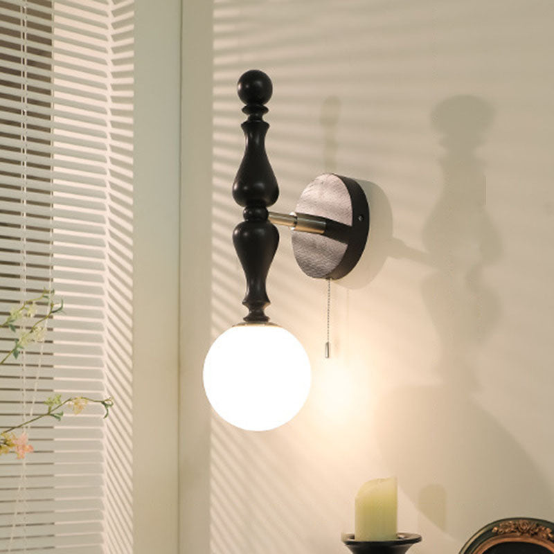 French Wood Rod Glass Ball Shade 1-Light Wall Sconce Lamp