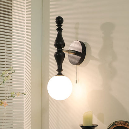 French Wood Rod Glass Ball Shade 1-Light Wall Sconce Lamp