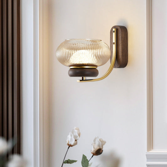 Japanese Solid Wood Glass Round Shade LED Wall Sconce Lamp