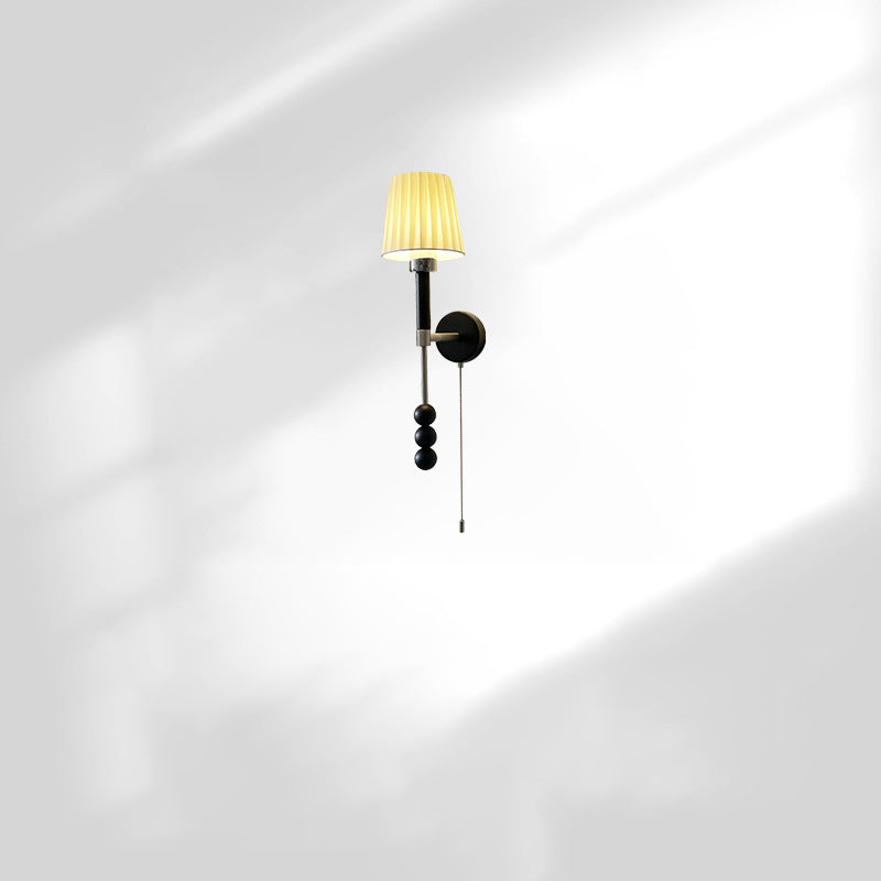 French Fabric Shade Iron Wood 1-Light Wall Sconce Lamp