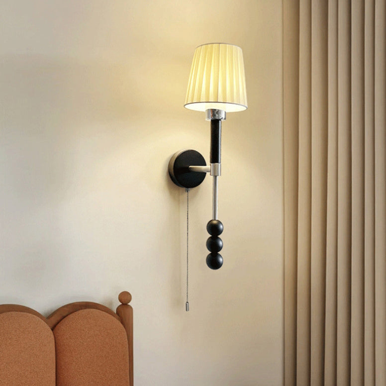 French Fabric Shade Iron Wood 1-Light Wall Sconce Lamp
