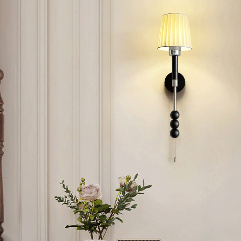 French Fabric Shade Iron Wood 1-Light Wall Sconce Lamp