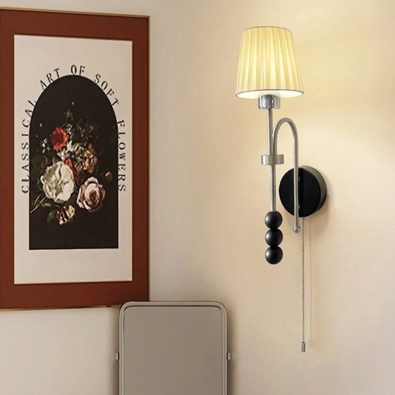 French Fabric Shade Iron Wood 1-Light Wall Sconce Lamp
