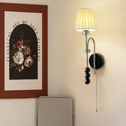 French Fabric Shade Iron Wood 1-Light Wall Sconce Lamp