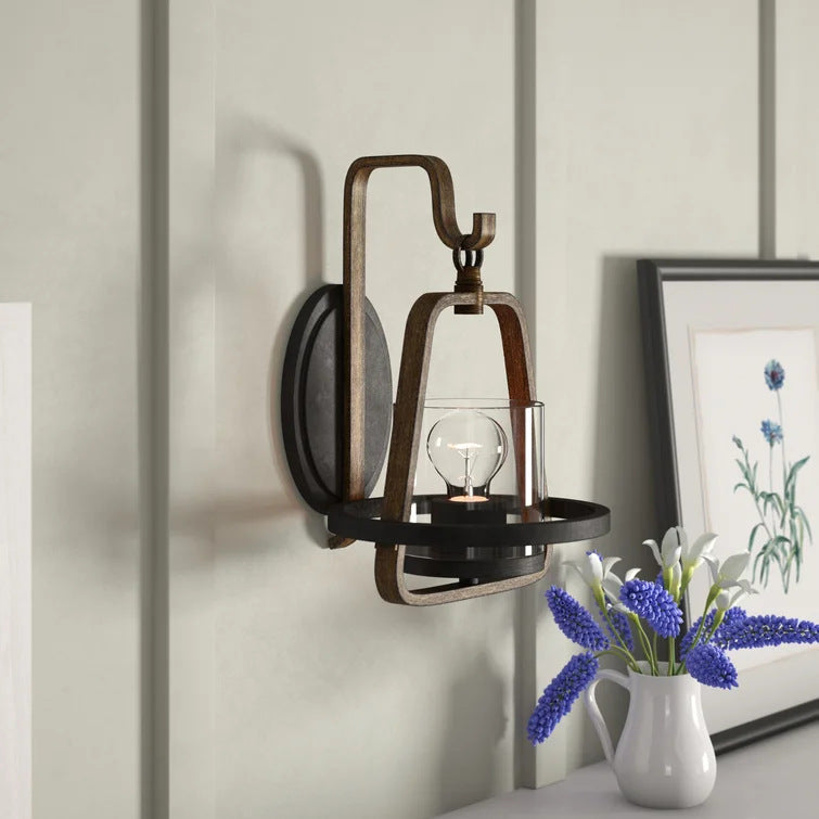 Farmhouse Iron Frame Glass 1-Light Wall Sconce Lamp