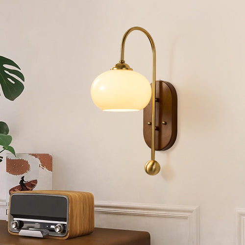 French Round Shade Metal Wood 1-Light Wall Sconce Lamp
