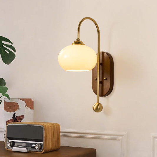 French Round Shade Metal Wood 1-Light Wall Sconce Lamp