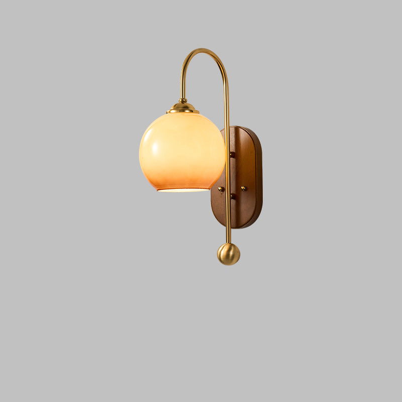 French Round Shade Metal Wood 1-Light Wall Sconce Lamp
