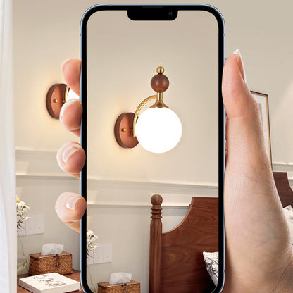Glass Ball Shade Iron Wood 1-Light Wall Sconce Lamp