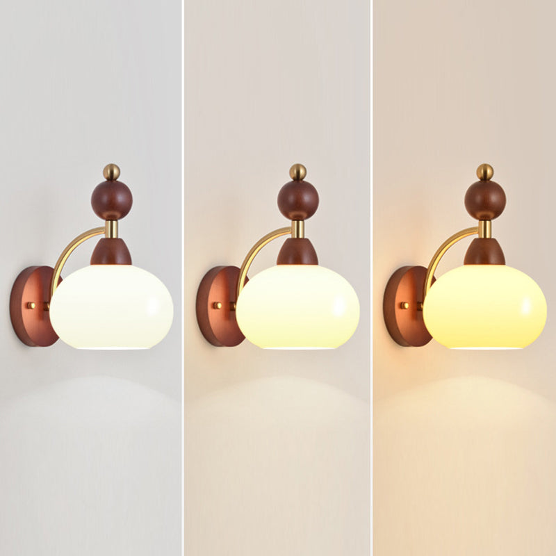 Glass Ball Shade Iron Wood 1-Light Wall Sconce Lamp