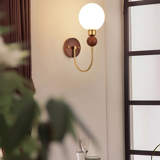 Glass Ball Shade Iron Wood 1-Light Wall Sconce Lamp