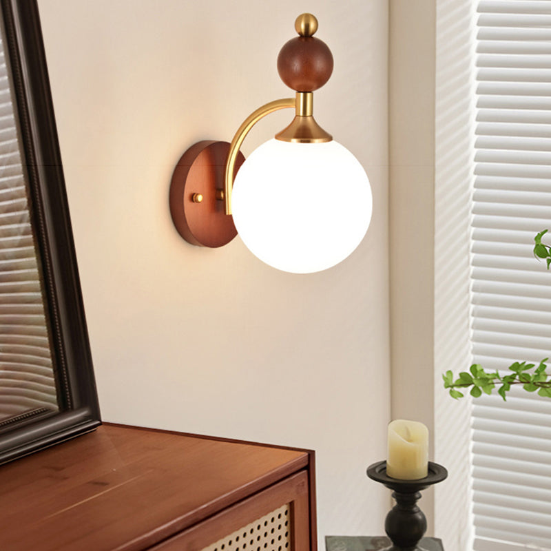 Glass Ball Shade Iron Wood 1-Light Wall Sconce Lamp