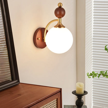 Glass Ball Shade Iron Wood 1-Light Wall Sconce Lamp