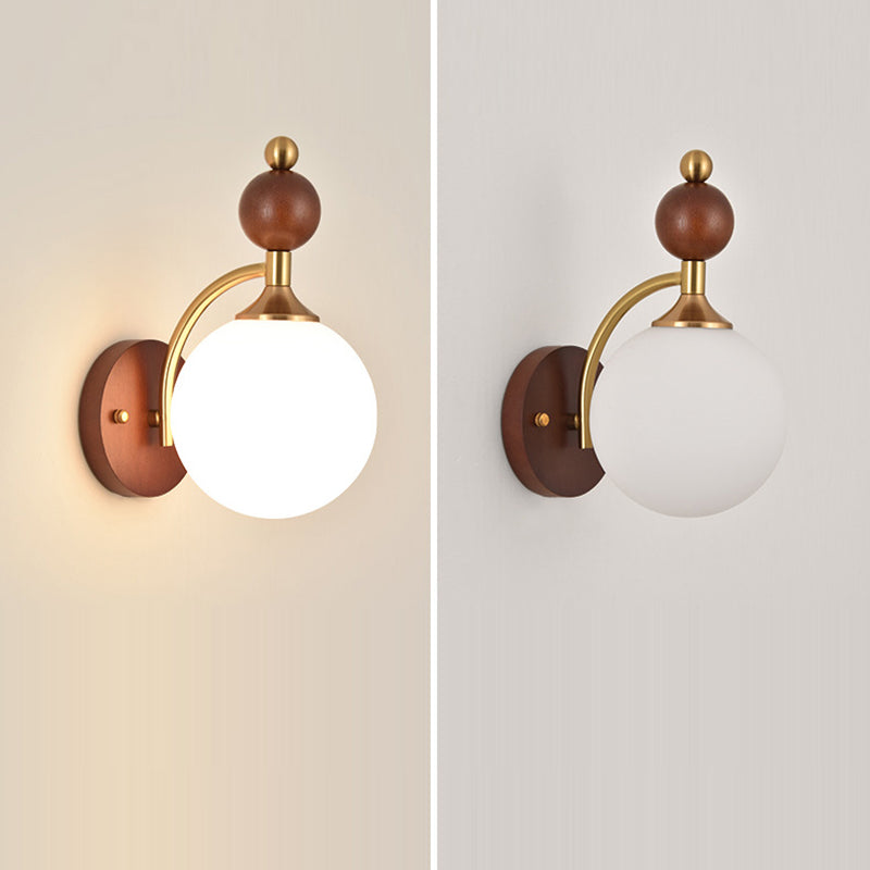Glass Ball Shade Iron Wood 1-Light Wall Sconce Lamp