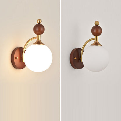 Glass Ball Shade Iron Wood 1-Light Wall Sconce Lamp