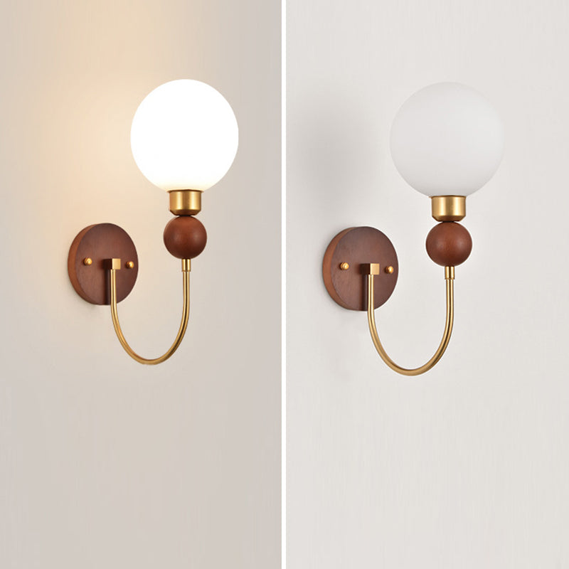 Glass Ball Shade Iron Wood 1-Light Wall Sconce Lamp
