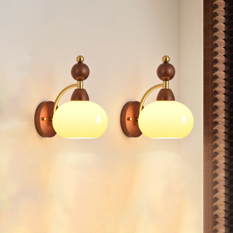 Glass Ball Shade Iron Wood 1-Light Wall Sconce Lamp