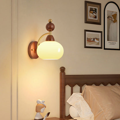 Glass Ball Shade Iron Wood 1-Light Wall Sconce Lamp