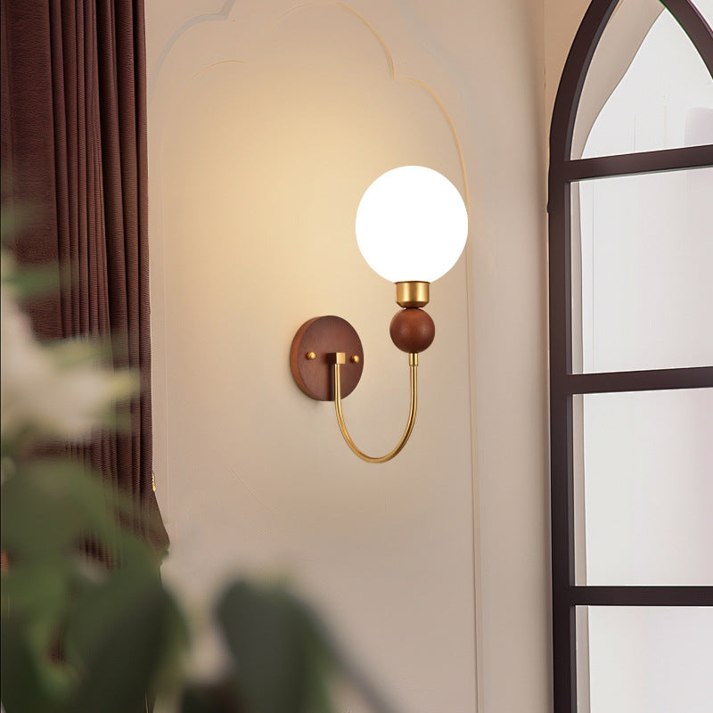 Glass Ball Shade Iron Wood 1-Light Wall Sconce Lamp