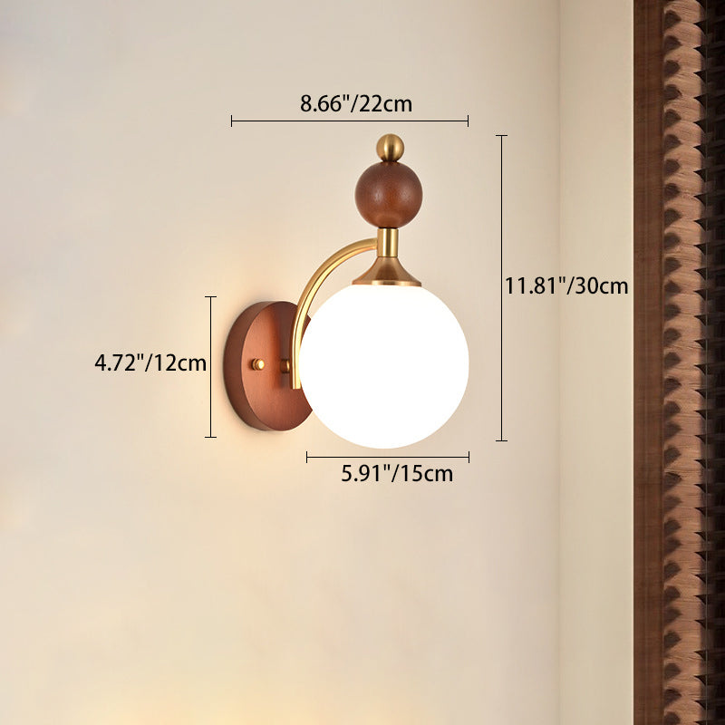 Glass Ball Shade Iron Wood 1-Light Wall Sconce Lamp
