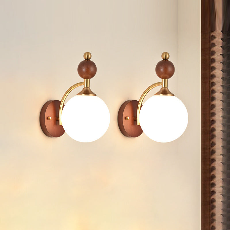 Glass Ball Shade Iron Wood 1-Light Wall Sconce Lamp