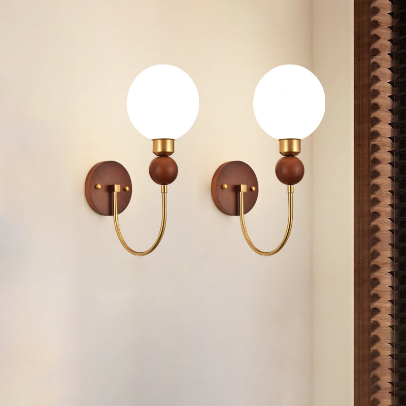Glass Ball Shade Iron Wood 1-Light Wall Sconce Lamp