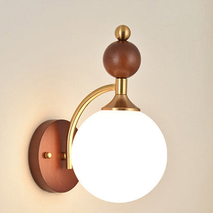 Glass Ball Shade Iron Wood 1-Light Wall Sconce Lamp