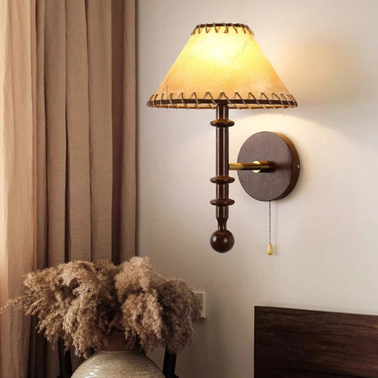 French Conical Shade Ash Wood 1-Light Wall Sconce Lamp
