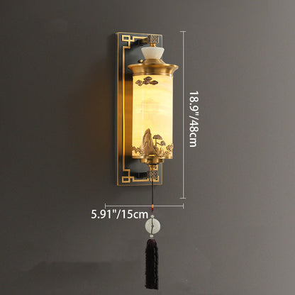 Chinese Brass Natural Jade Cylinder LED Wall Sconce Lamp