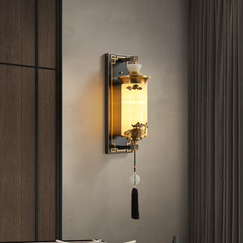 Chinese Brass Natural Jade Cylinder LED Wall Sconce Lamp