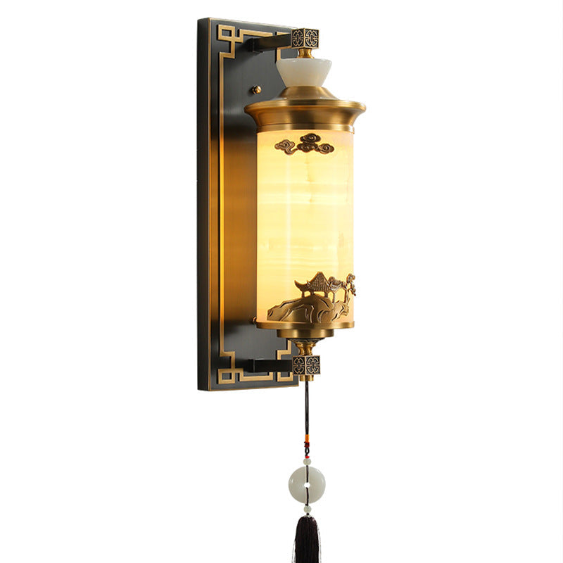 Chinese Brass Natural Jade Cylinder LED Wall Sconce Lamp