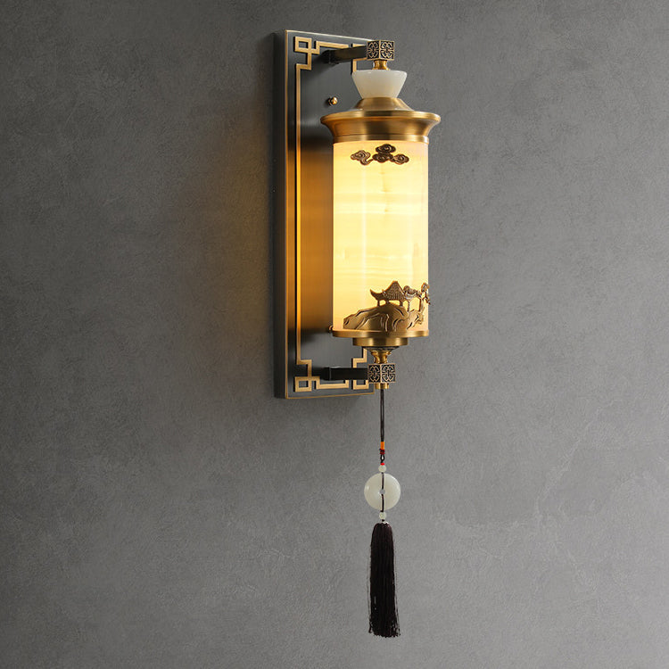 Chinese Brass Natural Jade Cylinder LED Wall Sconce Lamp