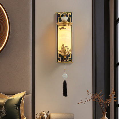Chinese Brass Natural Jade Cylinder LED Wall Sconce Lamp