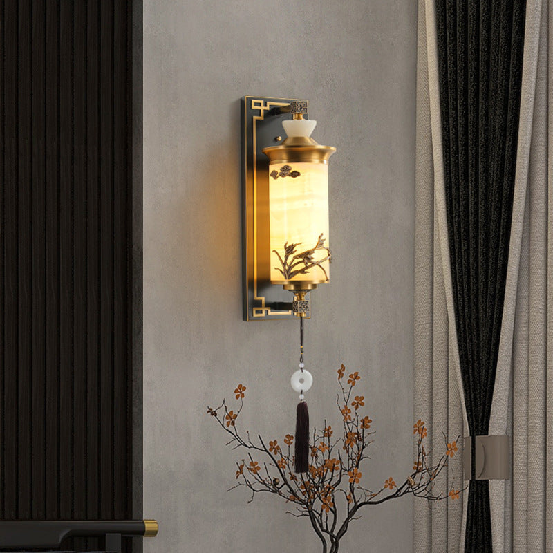 Chinese Brass Natural Jade Cylinder LED Wall Sconce Lamp