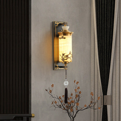 Chinese Brass Natural Jade Cylinder LED Wall Sconce Lamp