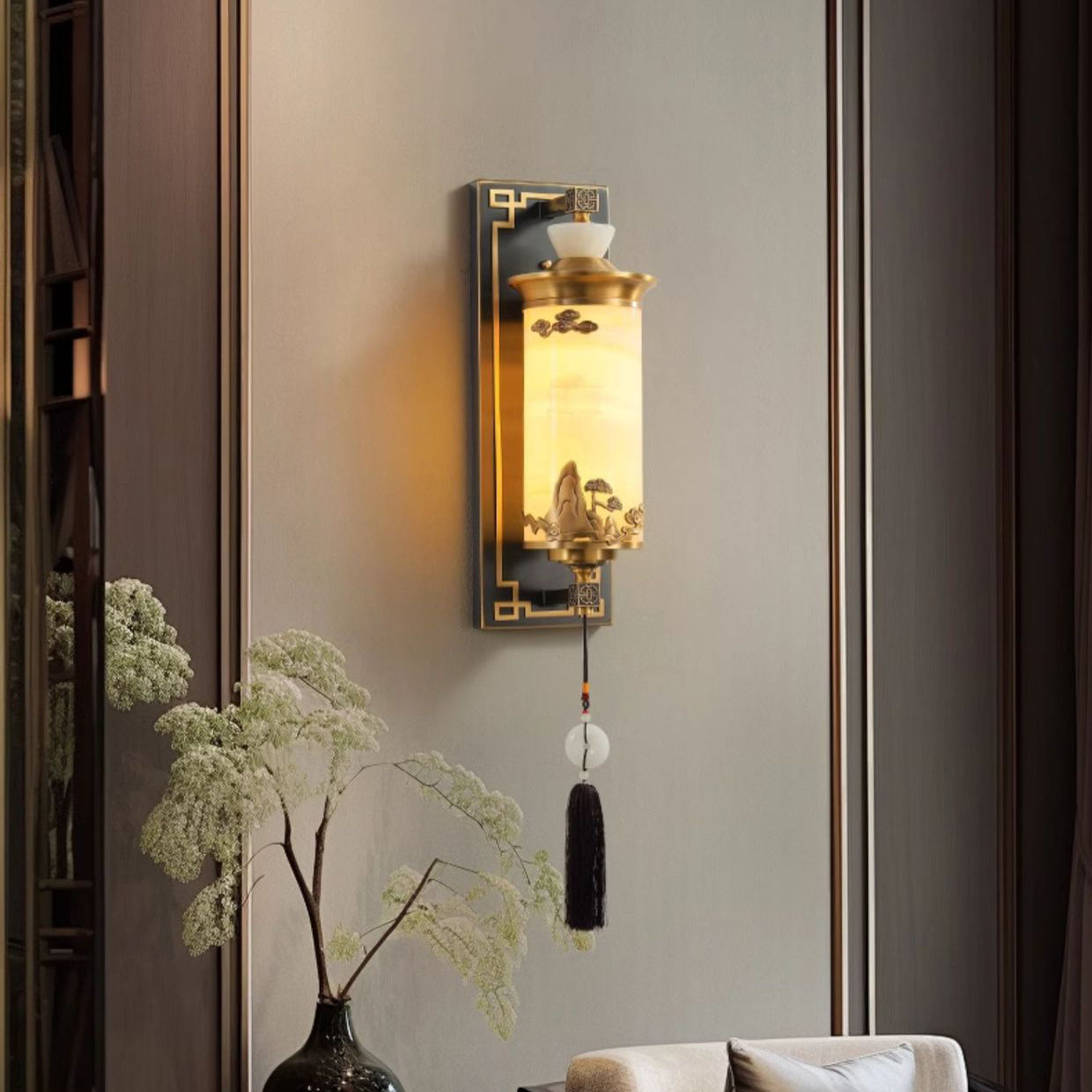 Chinese Brass Natural Jade Cylinder LED Wall Sconce Lamp