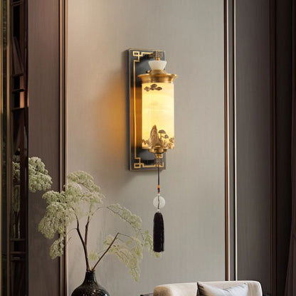 Chinese Brass Natural Jade Cylinder LED Wall Sconce Lamp