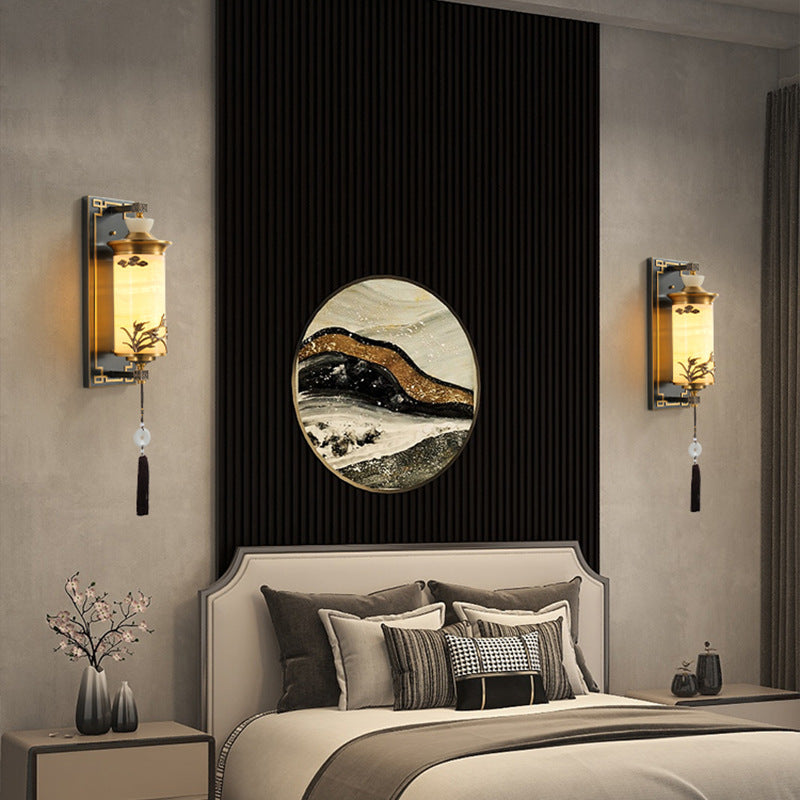 Chinese Brass Natural Jade Cylinder LED Wall Sconce Lamp