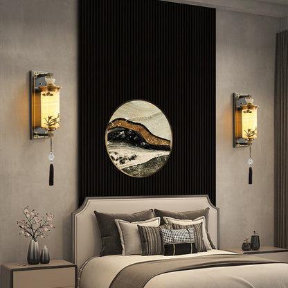 Chinese Brass Natural Jade Cylinder LED Wall Sconce Lamp