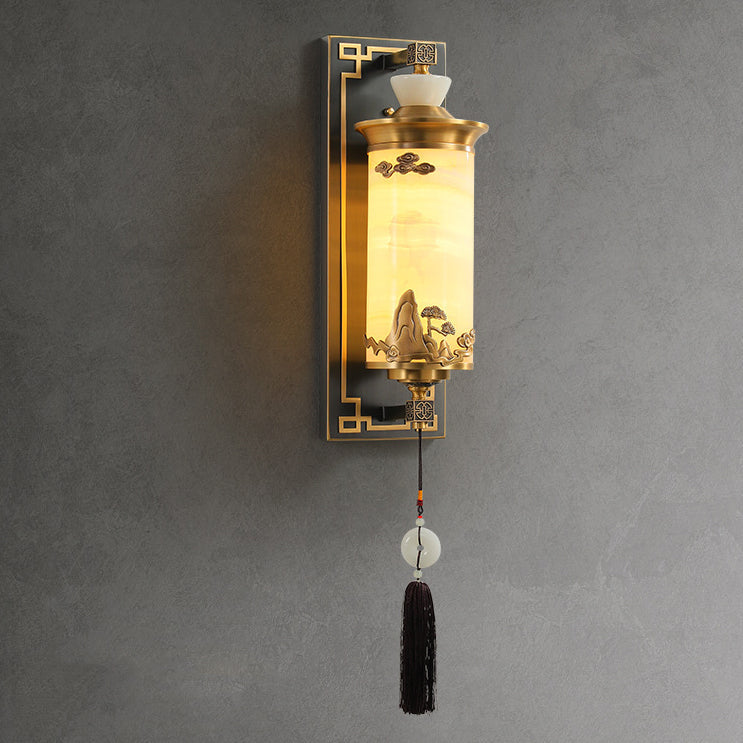 Chinese Brass Natural Jade Cylinder LED Wall Sconce Lamp