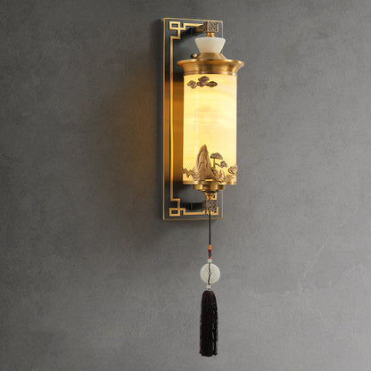 Chinese Brass Natural Jade Cylinder LED Wall Sconce Lamp