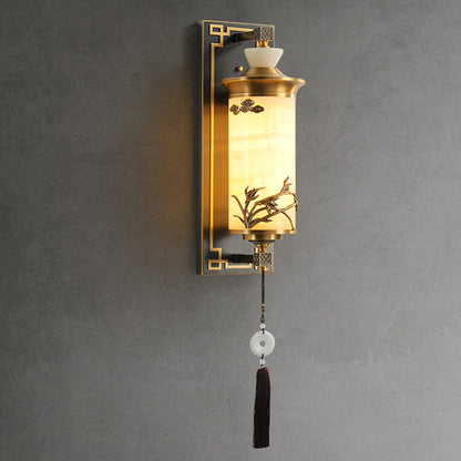 Chinese Brass Natural Jade Cylinder LED Wall Sconce Lamp