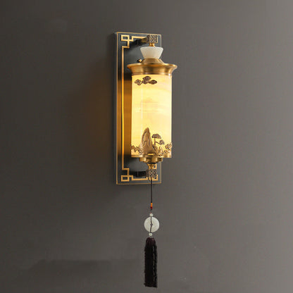 Chinese Brass Natural Jade Cylinder LED Wall Sconce Lamp