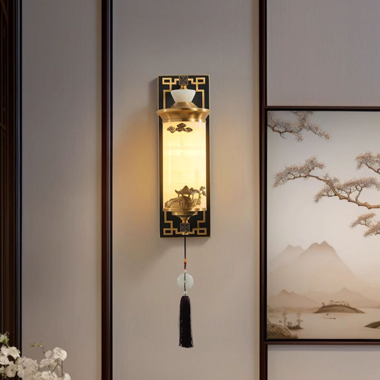 Chinese Brass Natural Jade Cylinder LED Wall Sconce Lamp