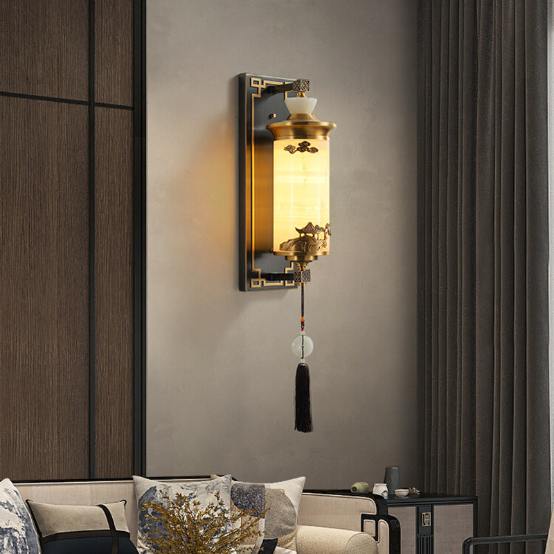 Chinese Brass Natural Jade Cylinder LED Wall Sconce Lamp