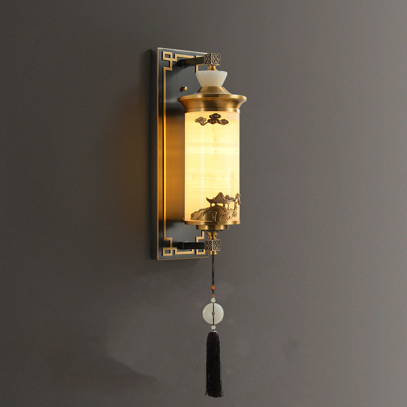 Chinese Brass Natural Jade Cylinder LED Wall Sconce Lamp