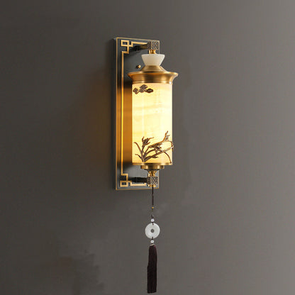 Chinese Brass Natural Jade Cylinder LED Wall Sconce Lamp