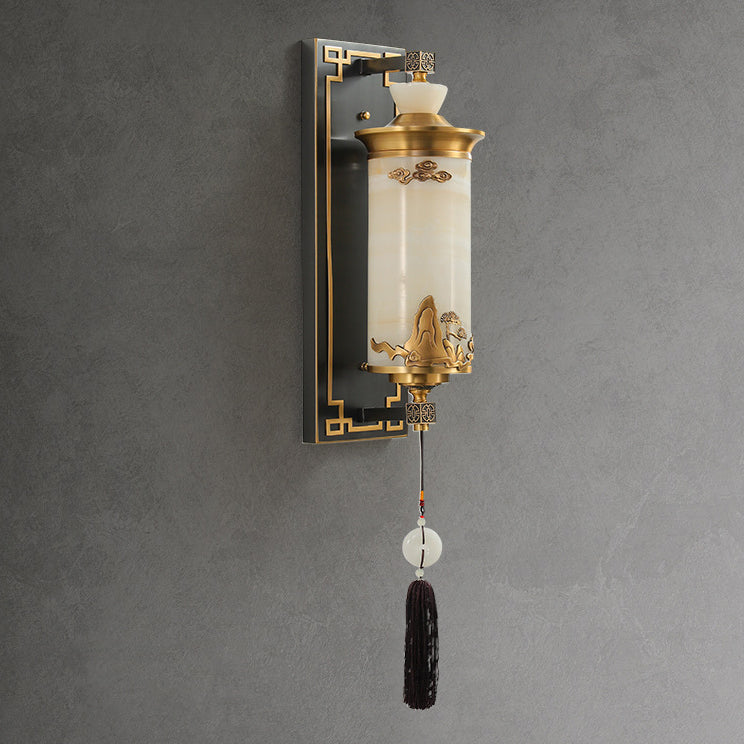 Chinese Brass Natural Jade Cylinder LED Wall Sconce Lamp